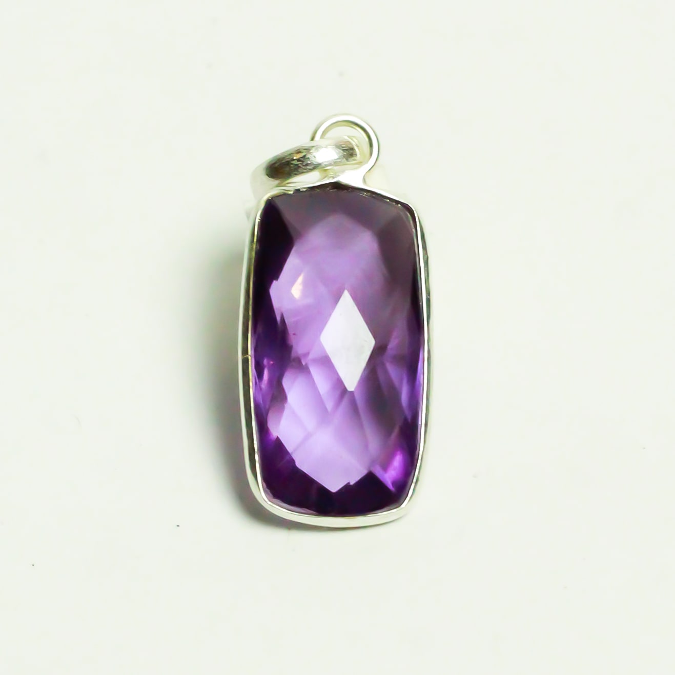 MantraMani Amethyst Crystal Square Silver Pendant