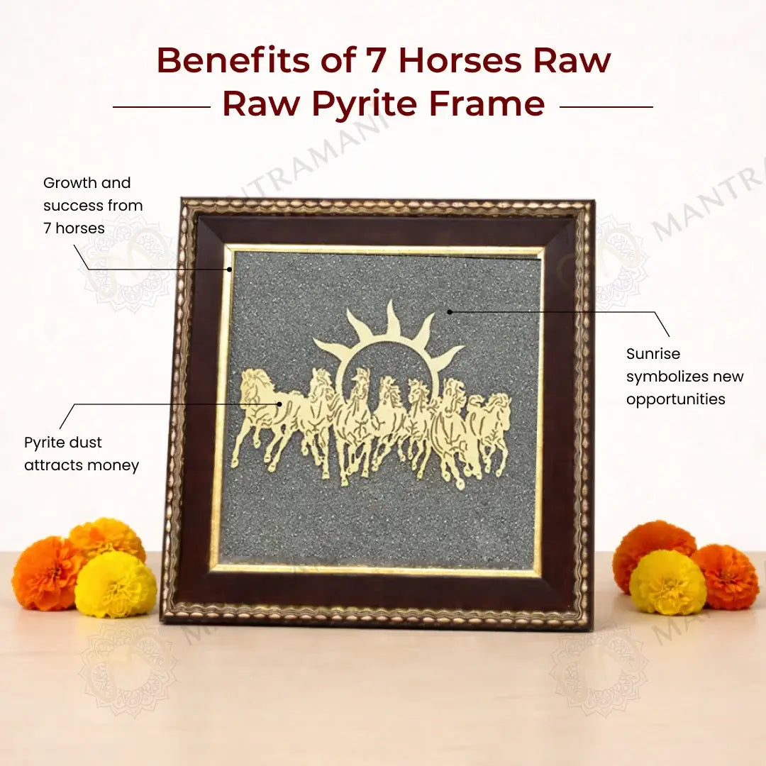 MantraMani® 7 Running Horses Frame & Raw Pyrite Stone | Success & Wealth Combo
