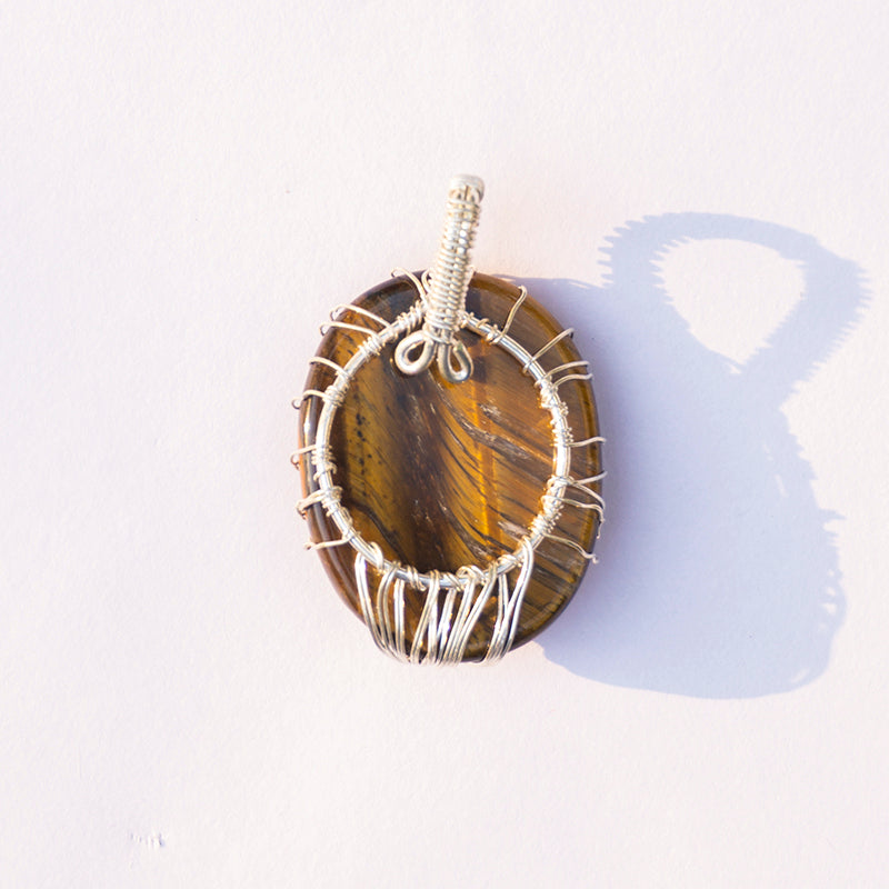 MantraMani Tiger's Eye Crystal Oval Tree Pendant