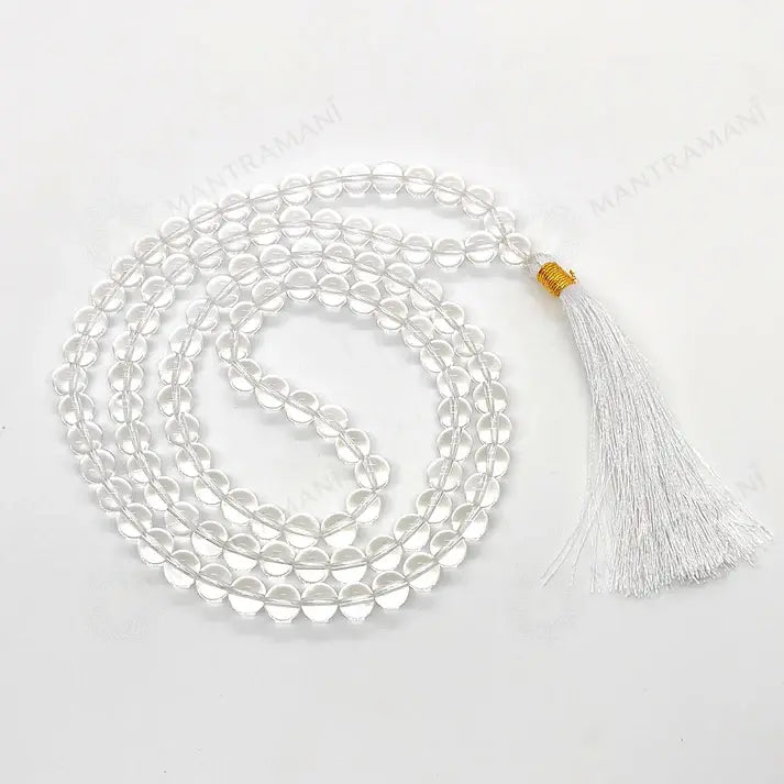 MantraMani® Sphatik Japa Mala in Copper | 27 + 1 Natural Crystal / Quartz Stone Plain Beads Japa Mala Rosary | Original High Quality Clear Smooth Round Beads Crystal Gemstone Mala