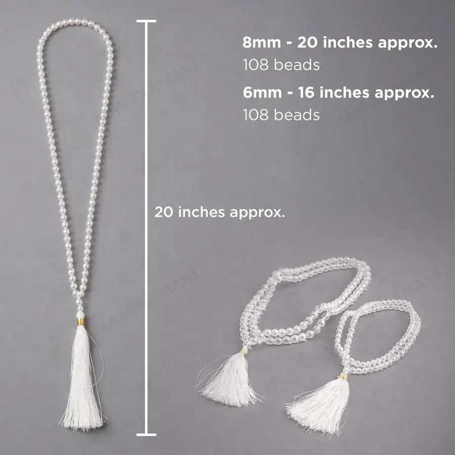 MantraMani® Sphatik Japa Mala | 27 + 1 Natural Sphatik / Crystal / Quartz Stone Plain Beads Japa Mala Rosary | Original High Quality Clear Smooth Round Beads Crystal Gemstone Mala