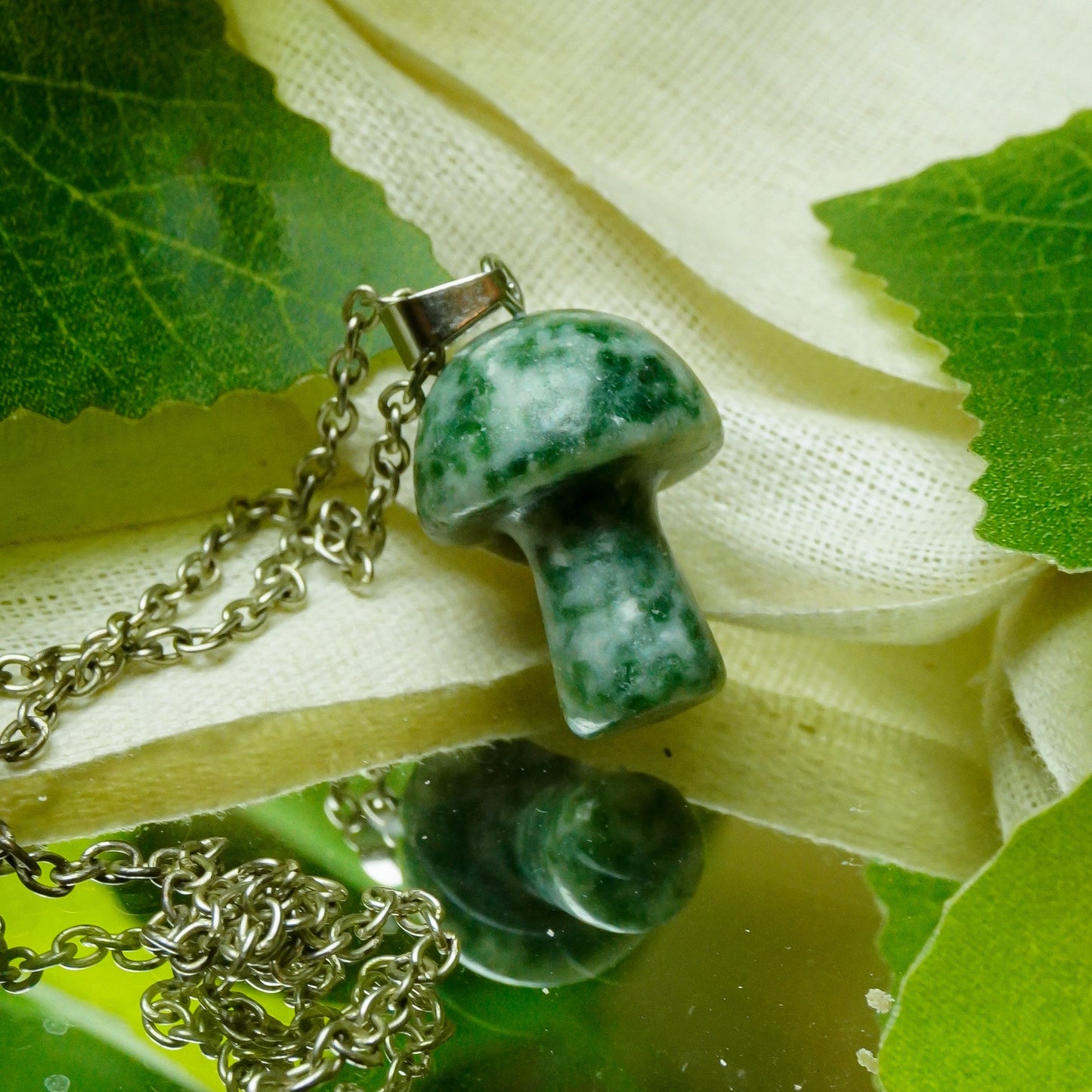 MantraMani® Green Spot Jasper Crystal Mushroom Pendant