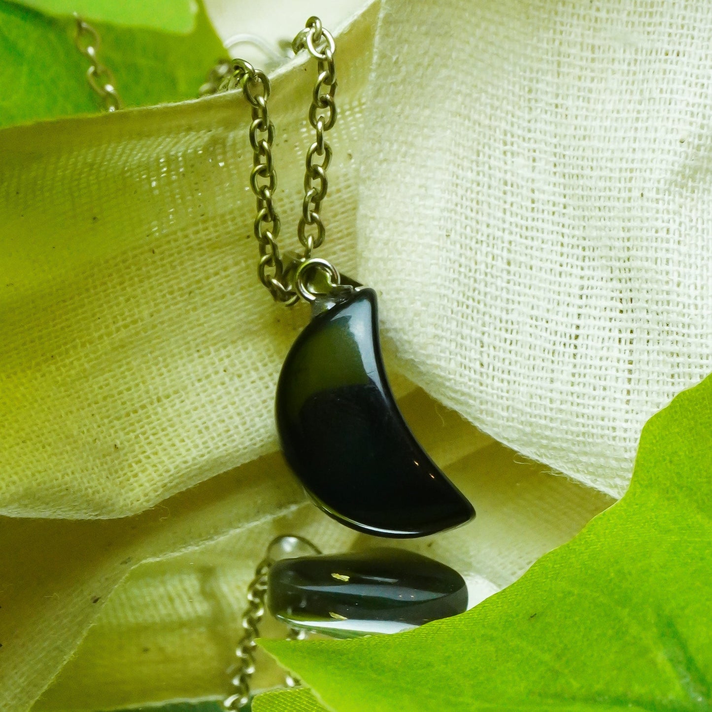 MantraMani® Black Obsidian Crystal Half Moon Pendant