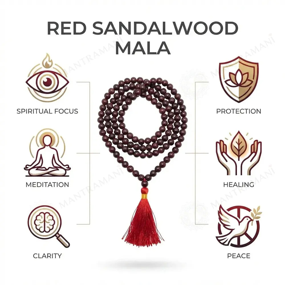 MantraMani® Red Sandalwood Beads Mala | Plain Round Smooth Rakta Chandan Mala | 6mm