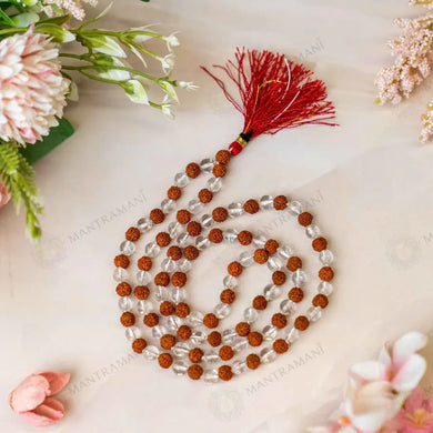 MantraMani® Rudraksha & Clear Quartz (Rudraksha, Sphatik) – Mala | Spiritual Protection & Clarity | Shiva Healing