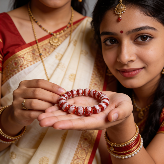 MantraMani Seraphine Snow – Burmese Fire Agate Bracelet for Love, Passion, Romance, Heartbreak Healing & Aura Elevation (Women)