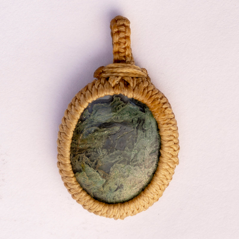 MantraMani® Moss Agate Crystal Crochet Pendant