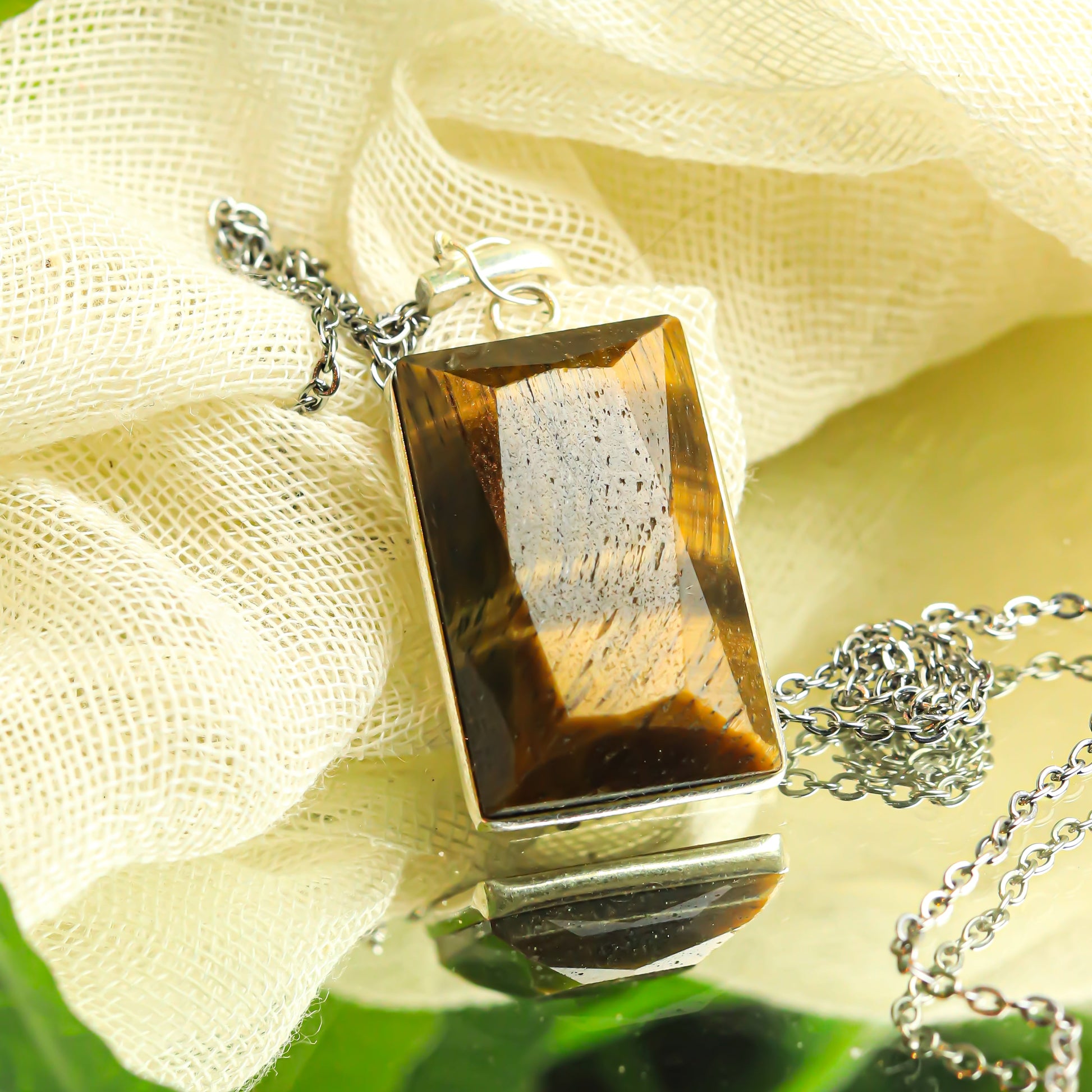MantraMani Tiger's Eye Crystal Silver Pendant