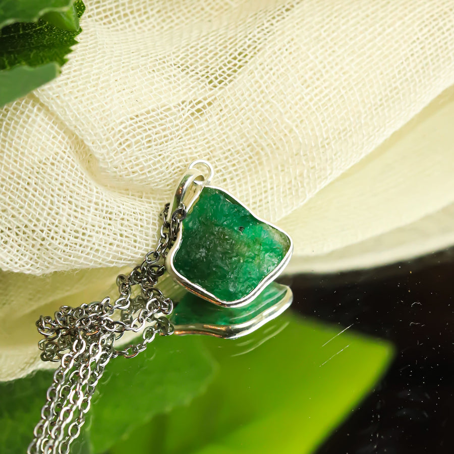 MantraMani® Emerald Raw Crystal Silver Pendant