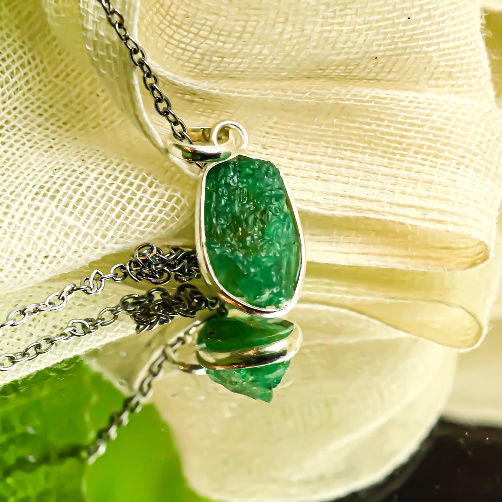 MantraMani® Emerald Raw Crystal Silver Pendant