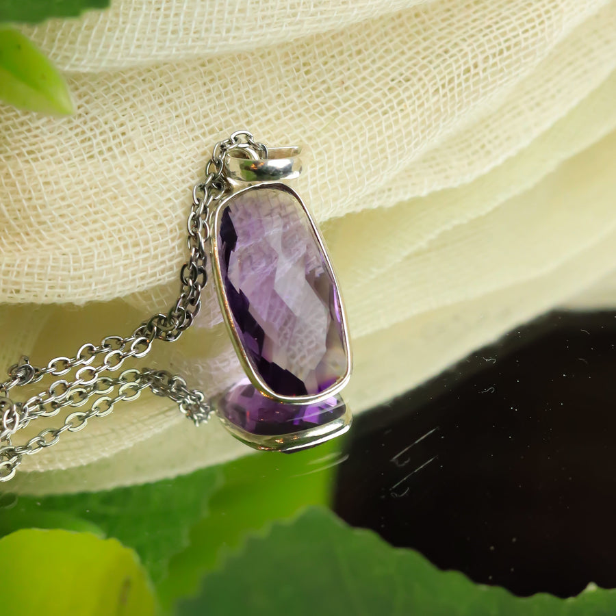 MantraMani® Amethyst Crystal Square Silver Pendant