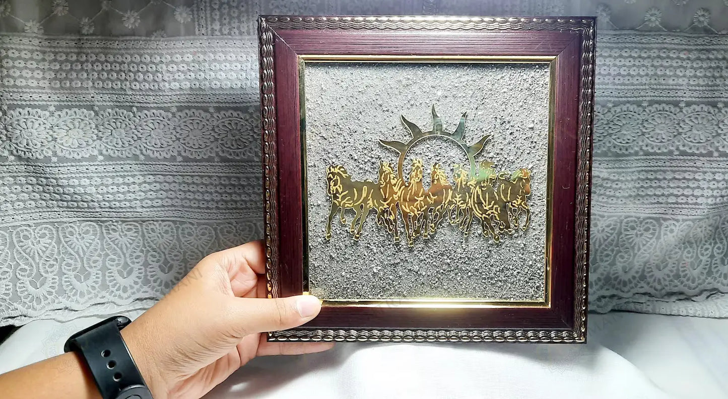 MantraMani® 7 Running Horses Frame & Raw Pyrite Stone | Success & Wealth Combo