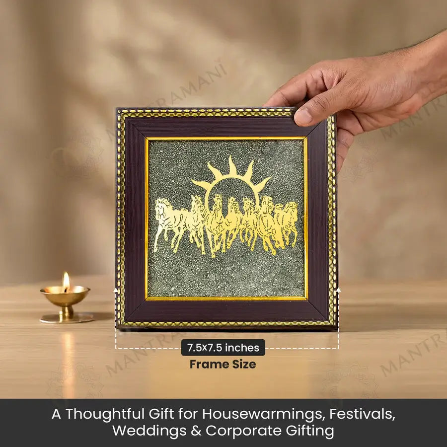 MantraMani® 7 Running Horses Frame & Raw Pyrite Stone | Success & Wealth Combo