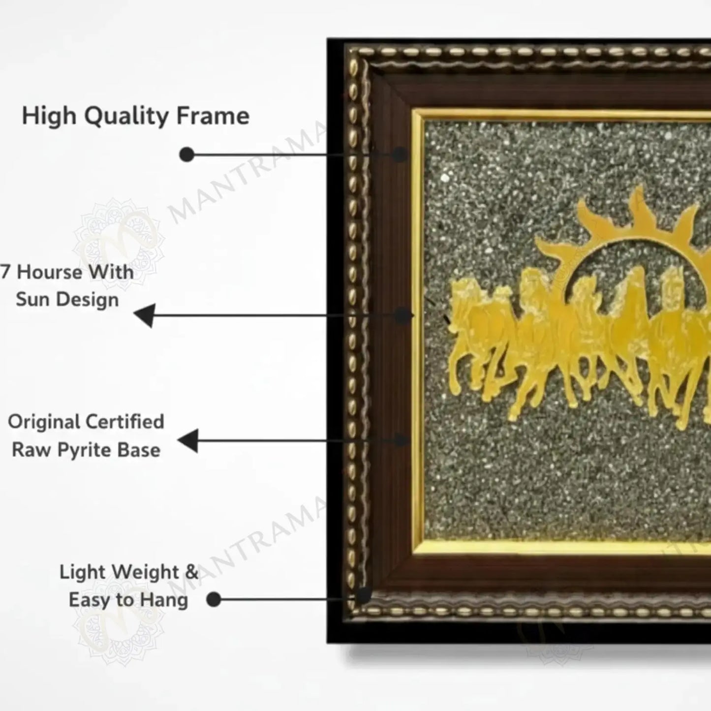 MantraMani® 7 Running Horses Frame & Raw Pyrite Stone | Success & Wealth Combo