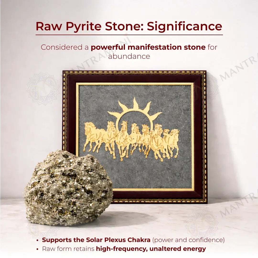 MantraMani® 7 Running Horses Frame & Raw Pyrite Stone | Success & Wealth Combo