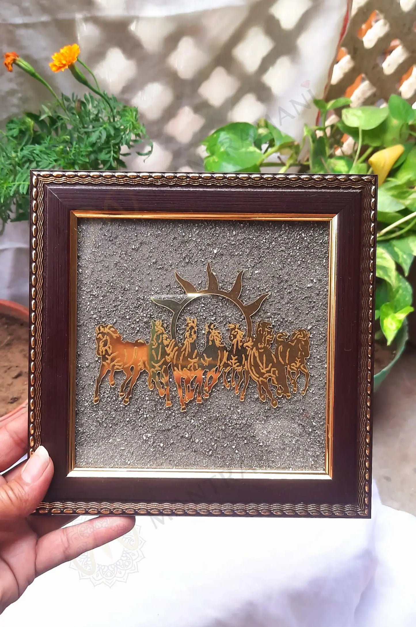 MantraMani® 7 Running Horses Frame & Raw Pyrite Stone | Success & Wealth Combo
