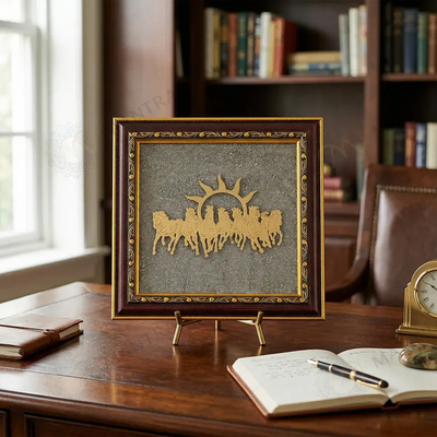 MantraMani® 7 Running Horses Frame & Raw Pyrite Stone | Success & Wealth Combo for Frame