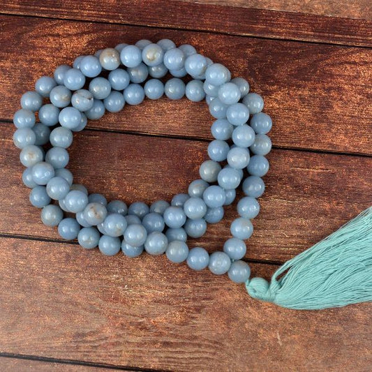 MantraMani® AAA Angelite 8 mm 108 Round Bead Mala - MantraMani® Authentic Vedic Gemstone