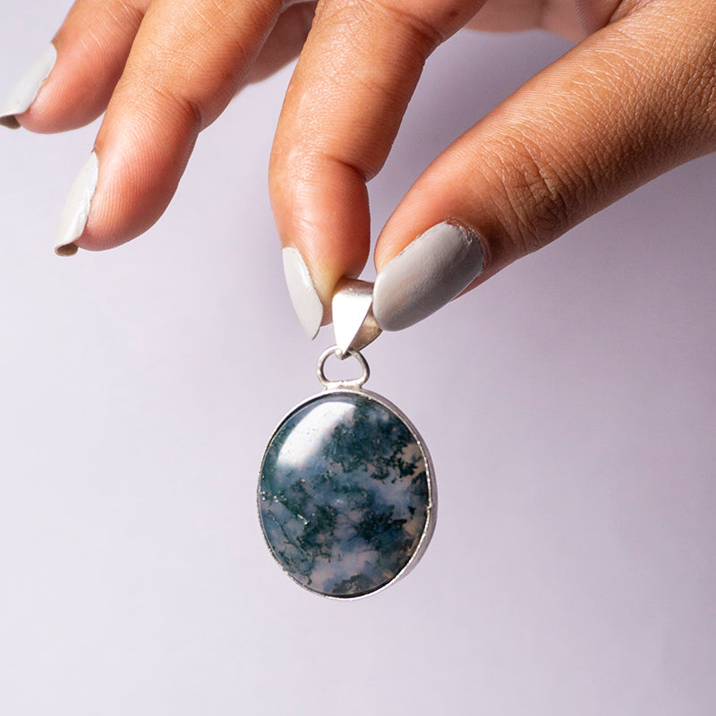 MantraMani® Moss Agate Crystal Round Pendant