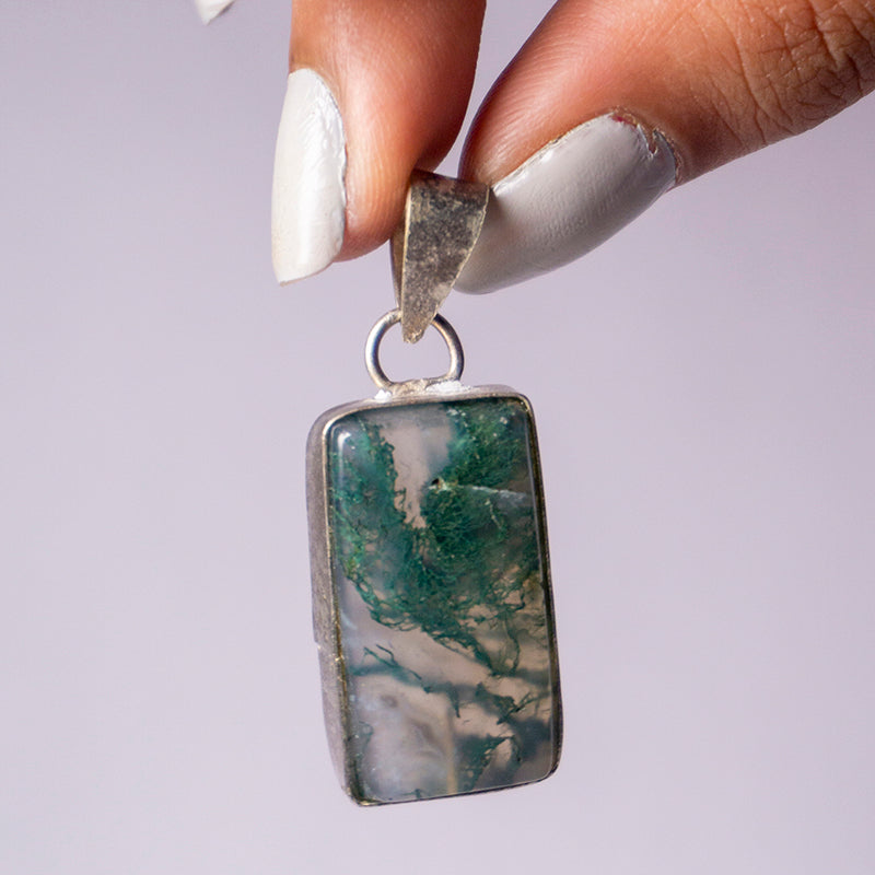 MantraMani® Moss Agate Crystal Rectangle Pendant