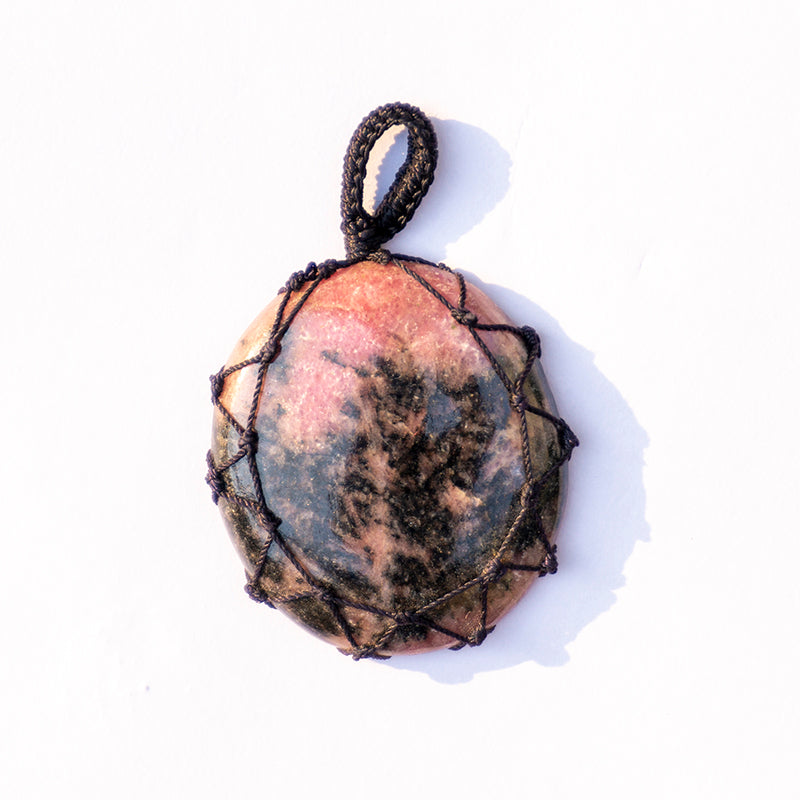 MantraMani® Rhodonite Crystal Crochet Pendant