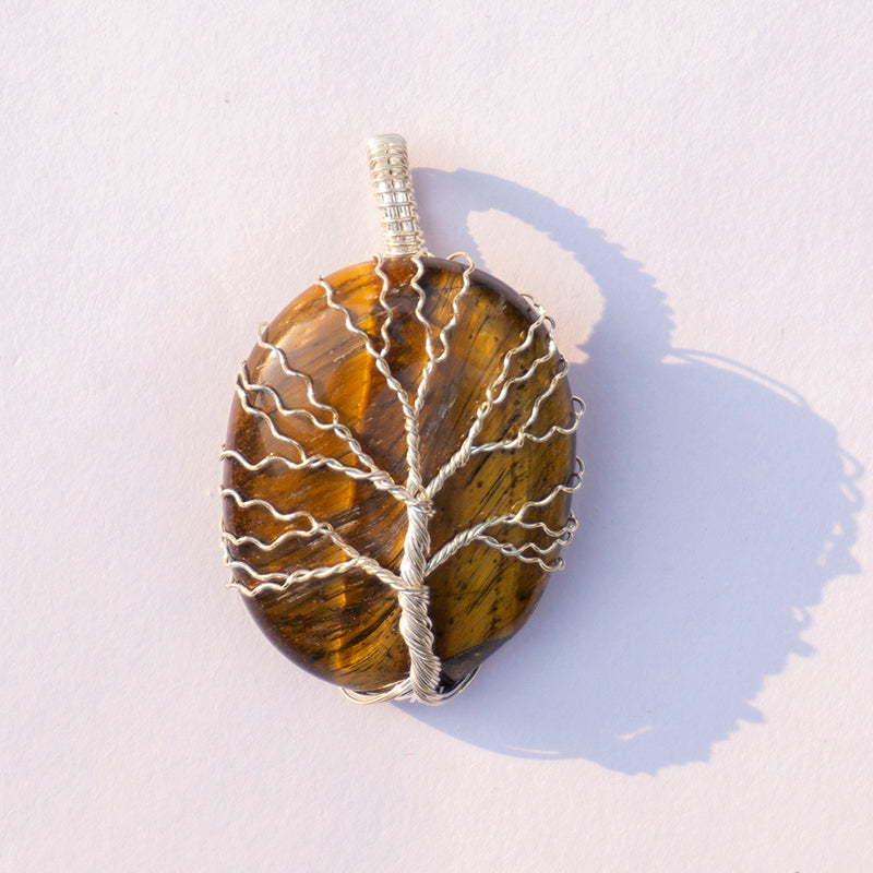 MantraMani Tiger's Eye Crystal Oval Tree Pendant