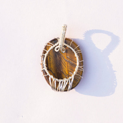 MantraMani Tiger's Eye Crystal Oval Tree Pendant