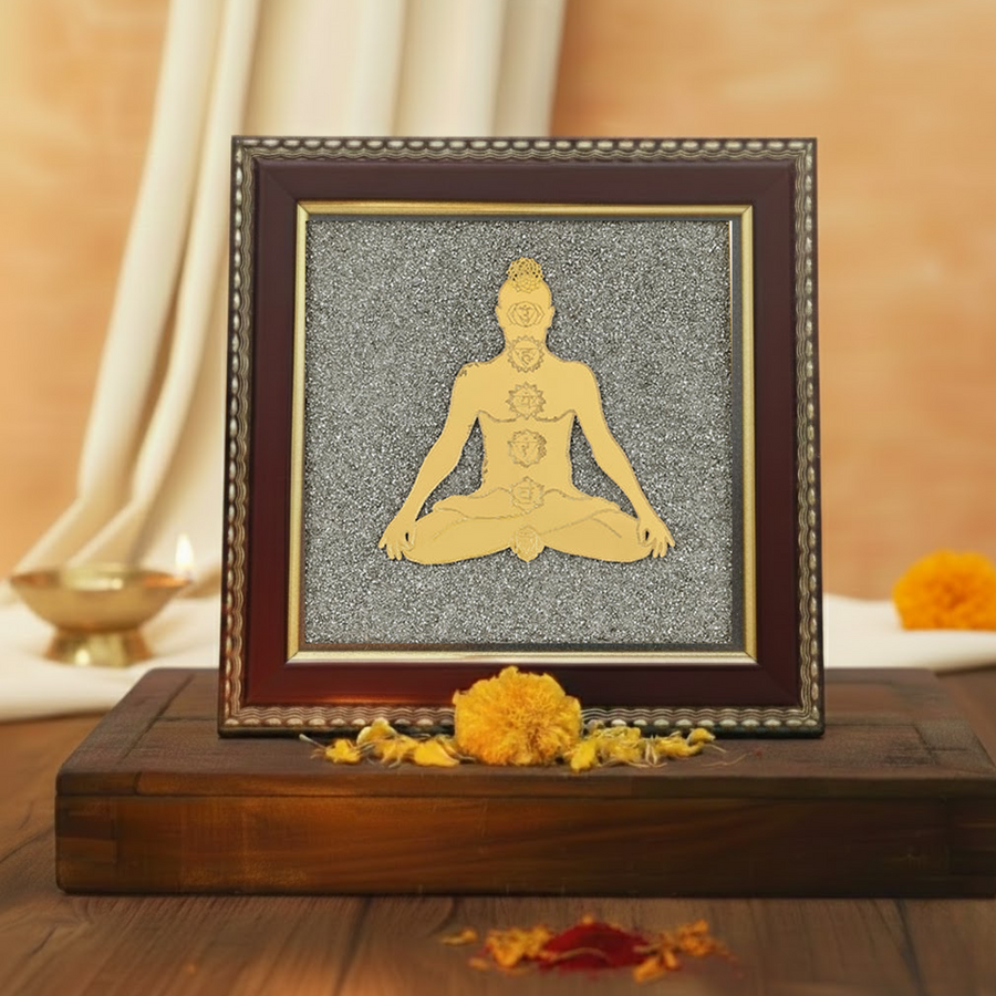 MantraMani® Meditating 7 Chakra Body Raw Pyrite Frame for Energy Alignment