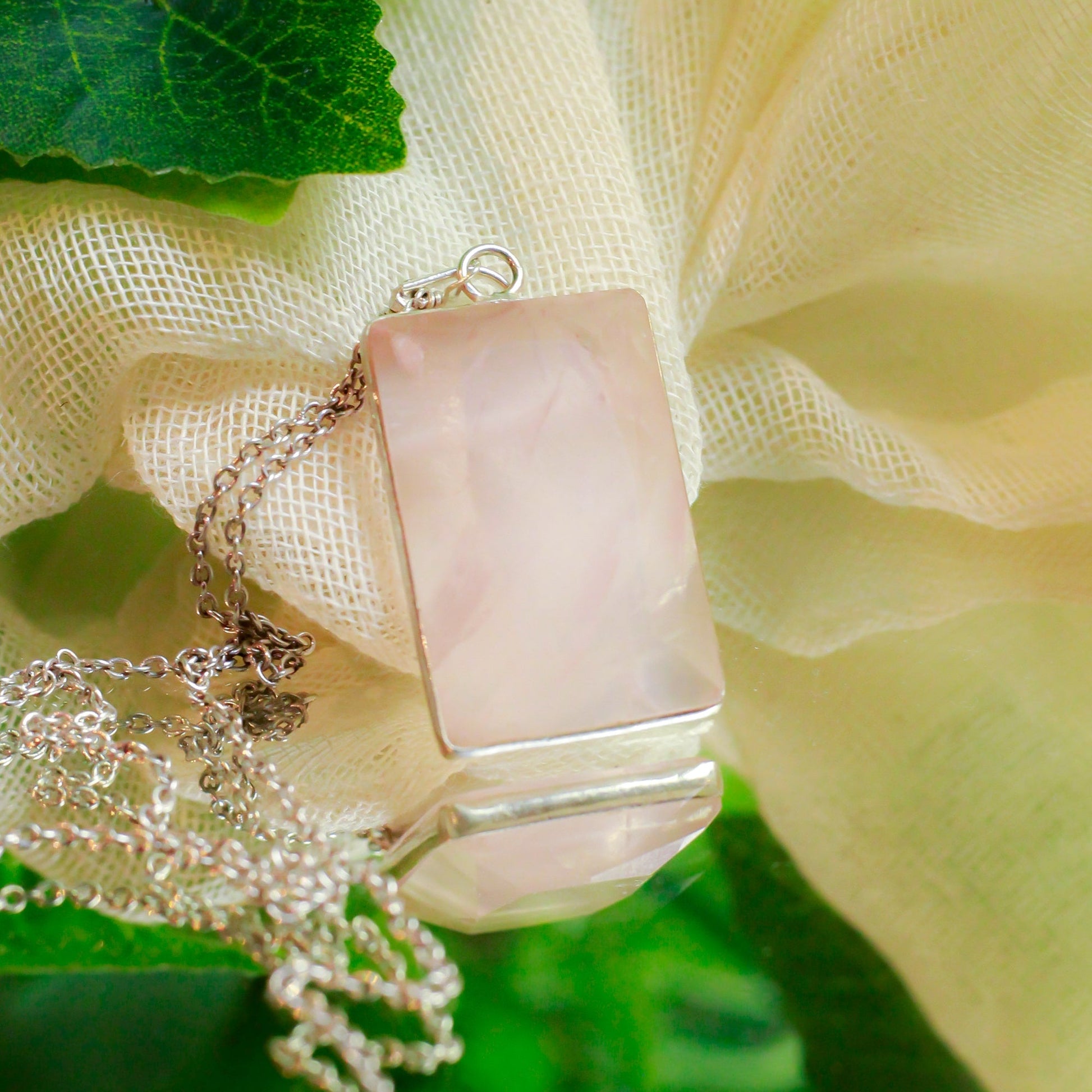MantraMani Rose Quartz Crystal Silver Pendant