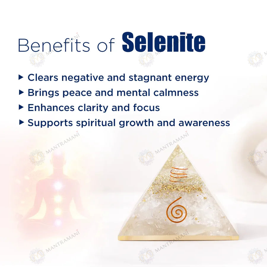 MantraMani® Selenite Pyramid with Shree Yantra – Energy Cleansing & Spiritual Clarity