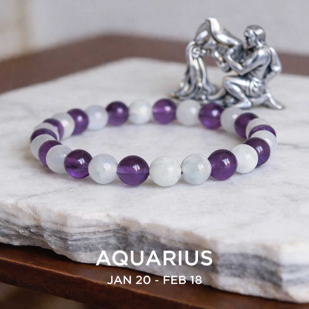 Aquarius Zodiac Birthstone Crystal Bracelet- 8 mm- Kumbh Rashi Crystal Bracelet