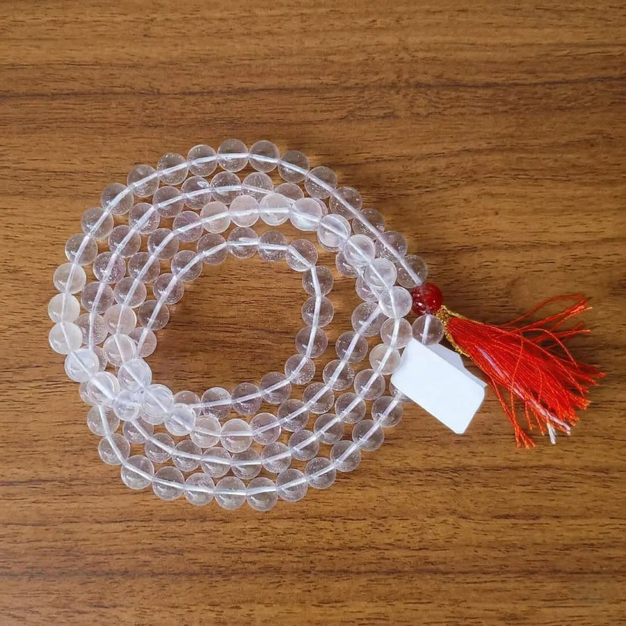 MantraMani® Sphatik Japa Mala | 27 + 1 Natural Sphatik / Crystal / Quartz Stone Plain Beads Japa Mala Rosary | Original High Quality Clear Smooth Round Beads Crystal Gemstone Mala
