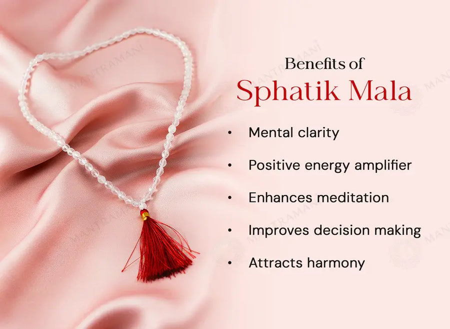 MantraMani® Sphatik Japa Mala | 27 + 1 Natural Sphatik / Crystal / Quartz Stone Plain Beads Japa Mala Rosary | Original High Quality Clear Smooth Round Beads Crystal Gemstone Mala