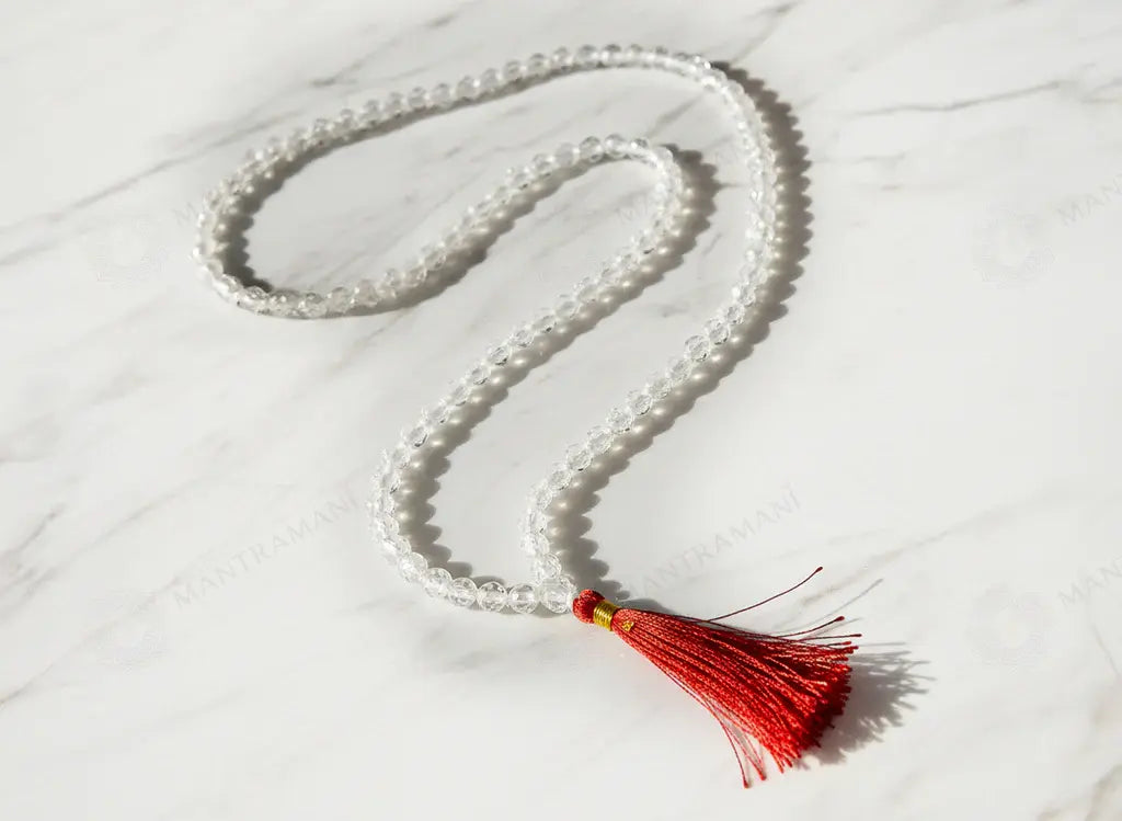 MantraMani® Sphatik Japa Mala in Copper | 27 + 1 Natural Crystal / Quartz Stone Plain Beads Japa Mala Rosary | Original High Quality Clear Smooth Round Beads Crystal Gemstone Mala
