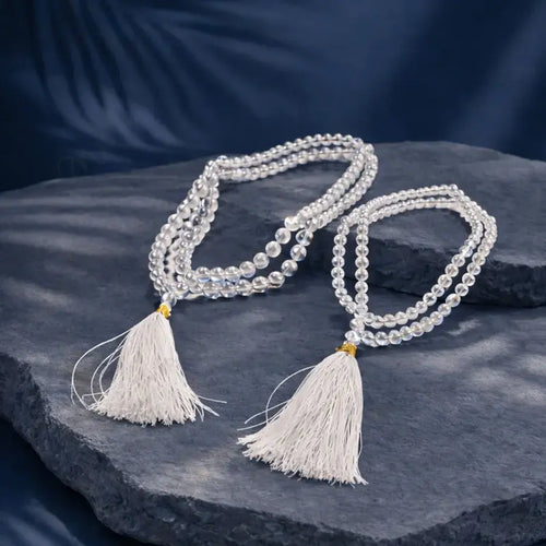 MantraMani® Sphatik Japa Mala in Copper | 27 + 1 Natural Crystal / Quartz Stone Plain Beads Japa Mala Rosary | Original High Quality Clear Smooth Round Beads Crystal Gemstone Mala