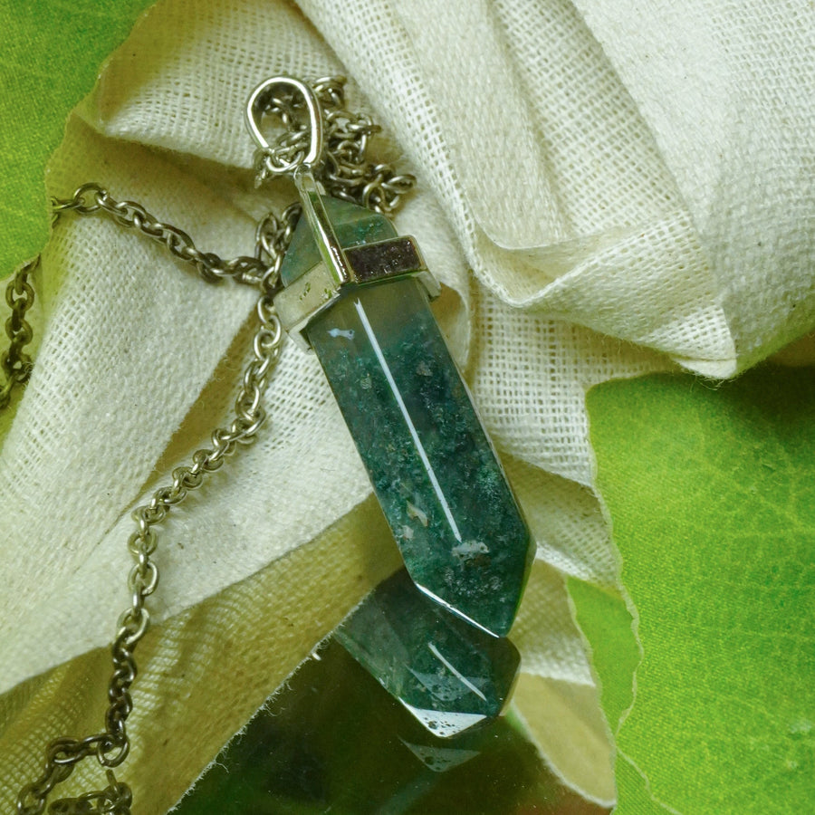 MantraMani® Moss Agate Crystal Point Pendant