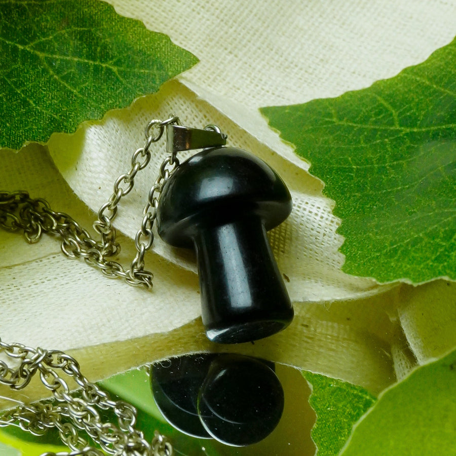 MantraMani® Black Obsidian Crystal Mushroom Pendant