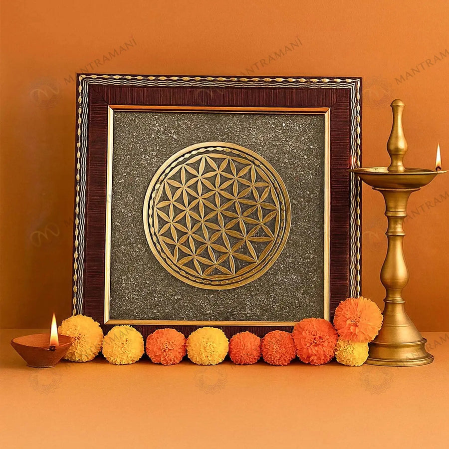 MantraMani® Flower of Life Raw Pyrite Frame - Balance & Wealth Energy Frame