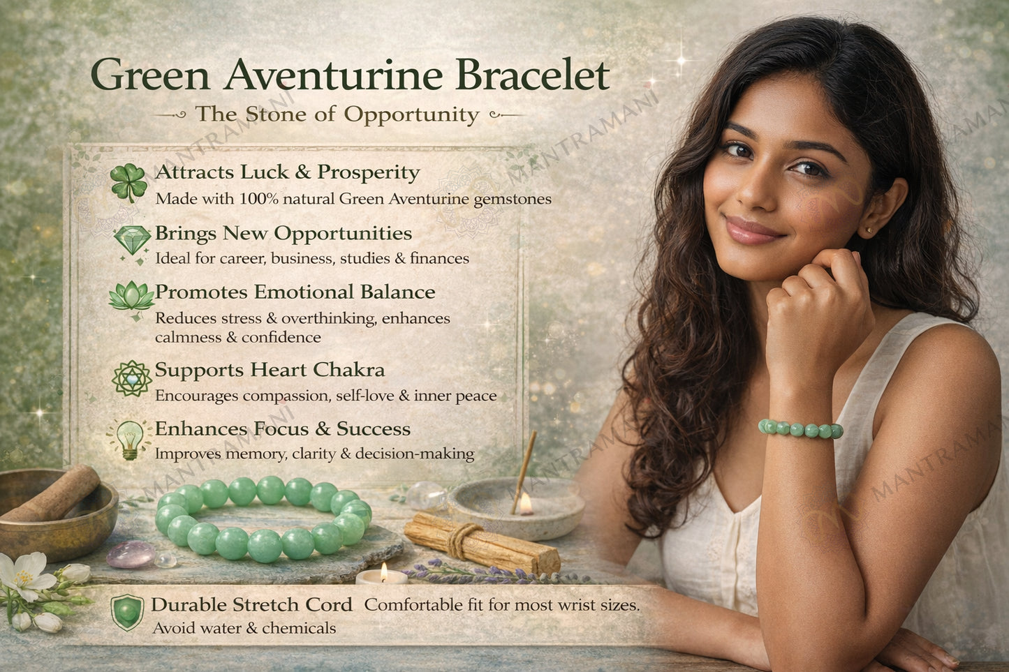 MantraMani® FortuneFlow™ Green Aventurine Bracelet for Luck, Wealth & Emotional Healing | Natural Non-Treated Crystal Beads | Heart Chakra, Focus & Opportunity Bracelet for Men & Women
