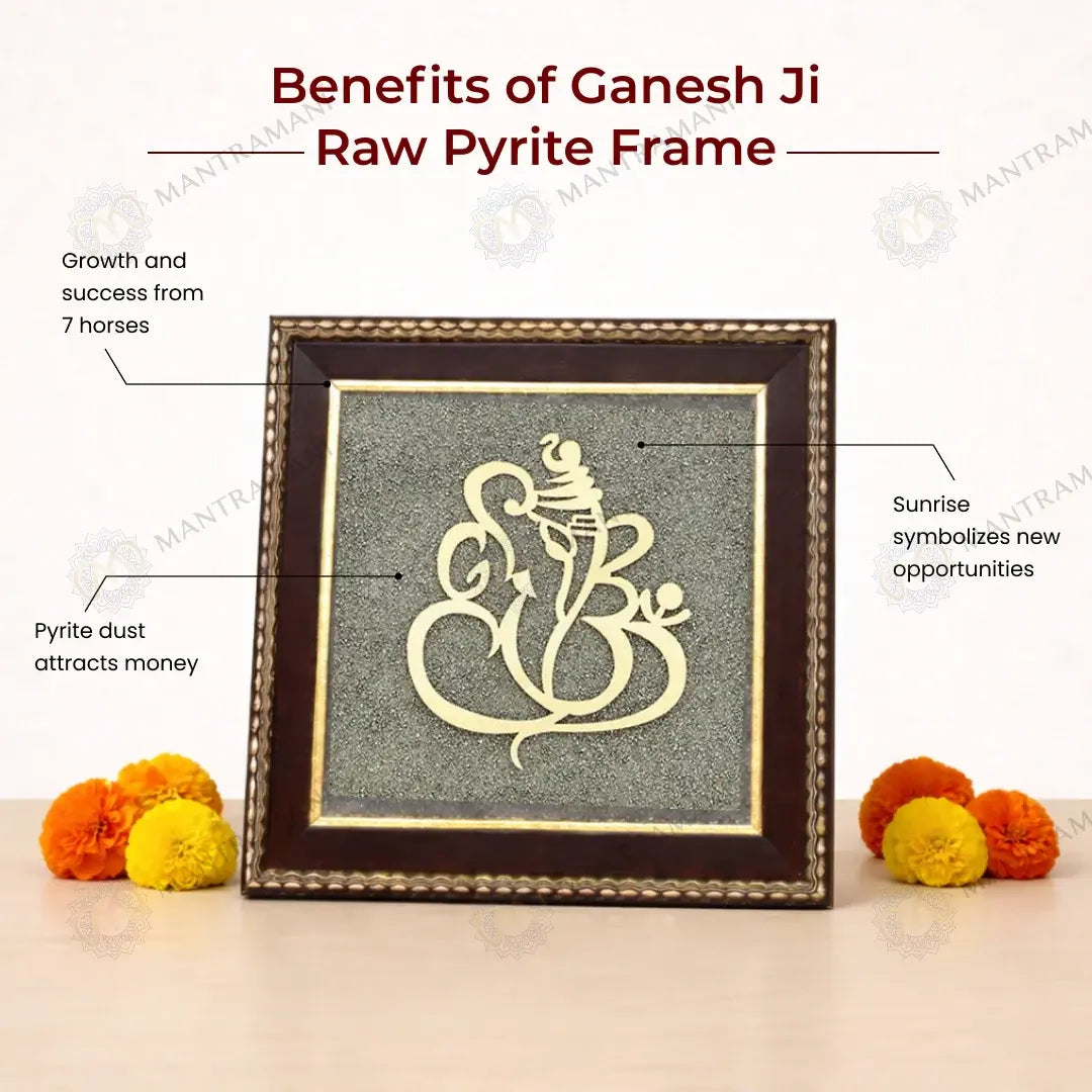 MantraMani® Ganesh Ji Raw Pyrite Frame for Prosperity and Good Fortune