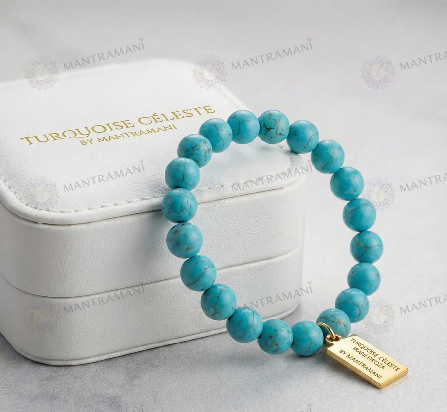 MantraMani® Turquoise Céleste Irani Firoza – Natural Iranian Turquoise Protection, Wealth & Health Bracelet (AAA Grade | Jupiter Energy | Evil Eye Shield)