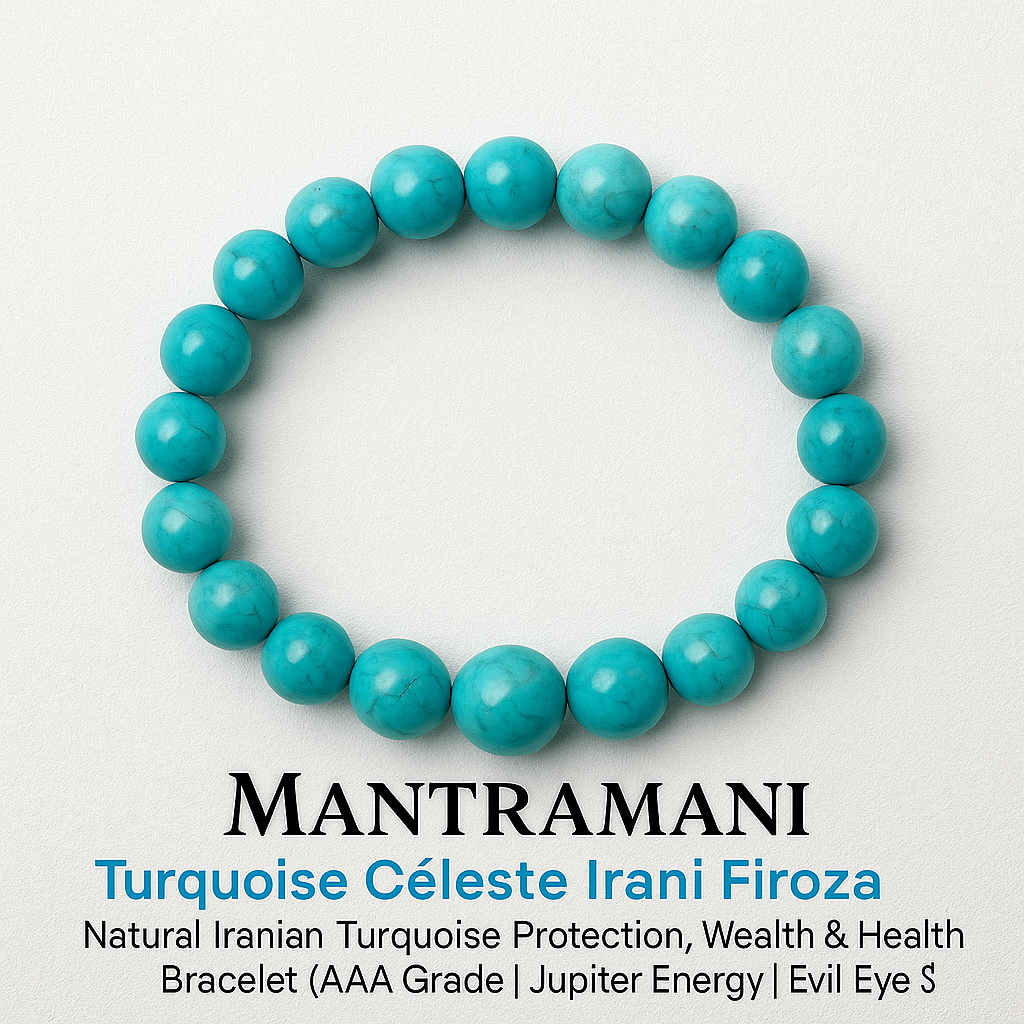 Turquoise Céleste Irani Firoza – Natural Iranian Turquoise Protection, Wealth & Health Bracelet (AAA Grade | Jupiter Energy | Evil Eye Shield)