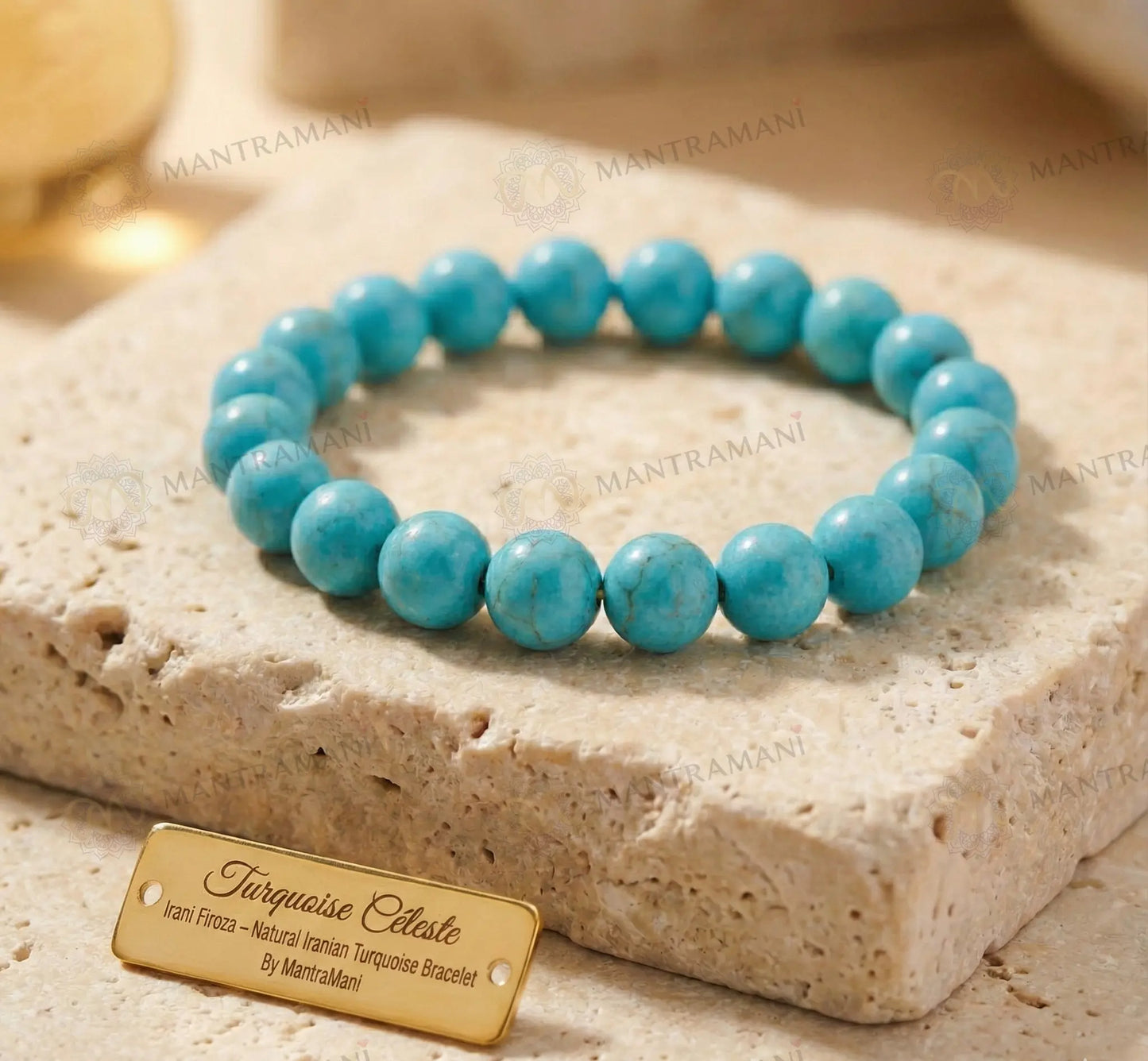 MantraMani® Turquoise Céleste Irani Firoza – Natural Iranian Turquoise Protection, Wealth & Health Bracelet (AAA Grade | Jupiter Energy | Evil Eye Shield)
