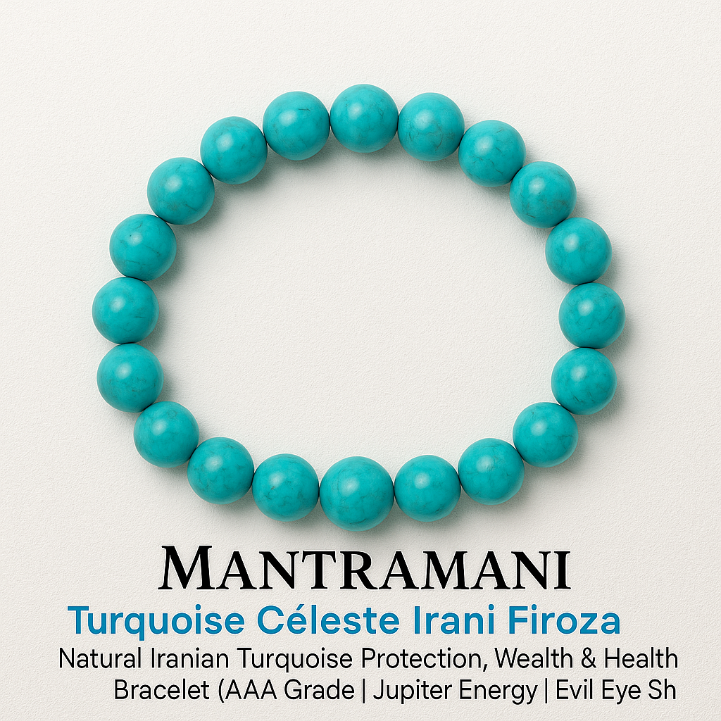 Turquoise Céleste Irani Firoza – Natural Iranian Turquoise Protection, Wealth & Health Bracelet (AAA Grade | Jupiter Energy | Evil Eye Shield)