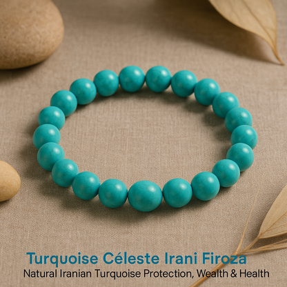 Turquoise Céleste Irani Firoza – Natural Iranian Turquoise Protection, Wealth & Health Bracelet (AAA Grade | Jupiter Energy | Evil Eye Shield)