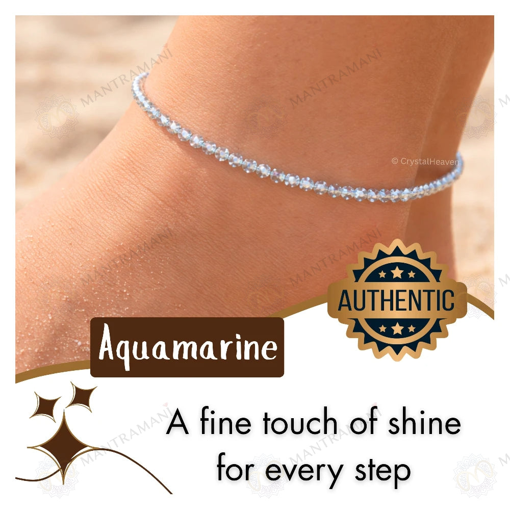 MantraMani® Aquamarine Crystal Anklet - Calm Mind, Good Communication, Emotional Healing