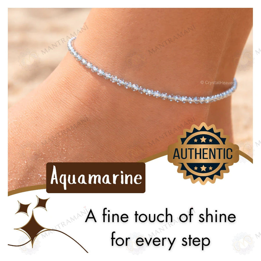 MantraMani® Aquamarine Crystal Anklet - Calm Mind, Good Communication, Emotional Healing