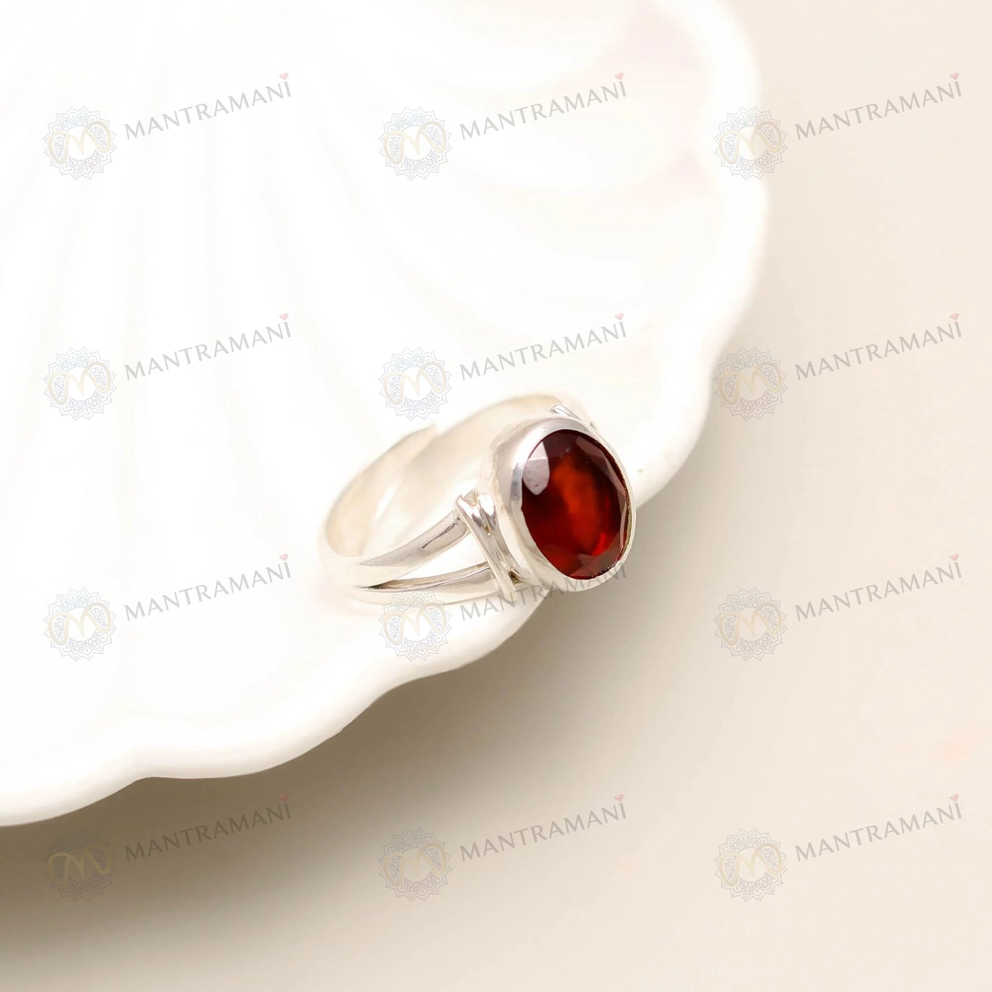 MantraMani® Silver Hessonite Faceted Ring- Oval (Adjustable)