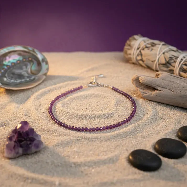 MantraMani® Divine Aura Amethyst Anklet 3mm – For intuition, balance & spiritual harmony