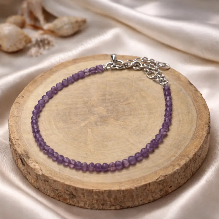 MantraMani® Divine Aura Amethyst Anklet 3mm – For intuition, balance & spiritual harmony